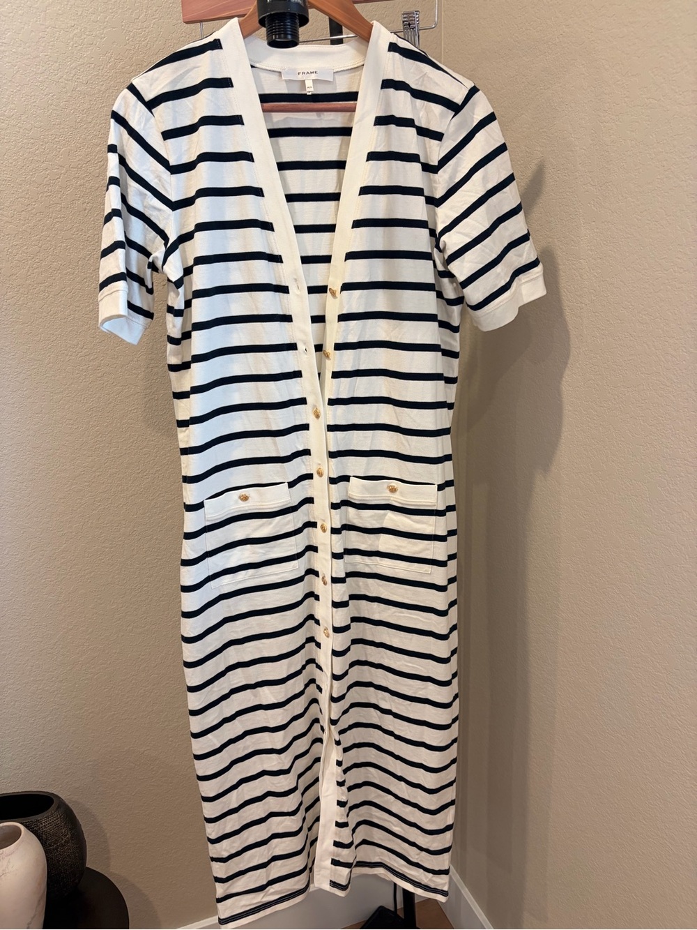 Frame White & Black Striped Button-Front Midi Dress